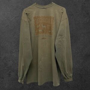 Vintage Y2K Michigan Genuine Article Distressed Olive Green Long Sleeve T-Shirt
